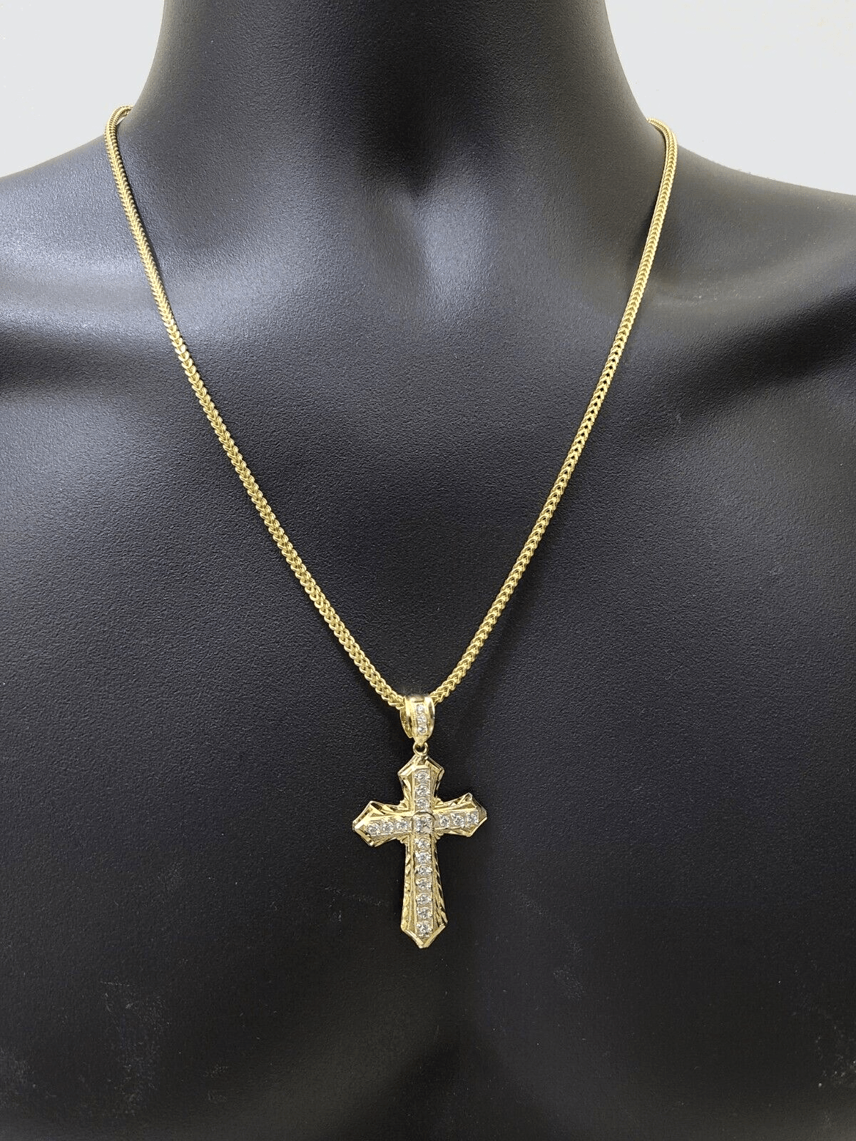 Real 10k Yellow Gold Franco Chain 2.5mm 18" inch Necklace Jesus Cross Charm 10kt - Reva Jeweler