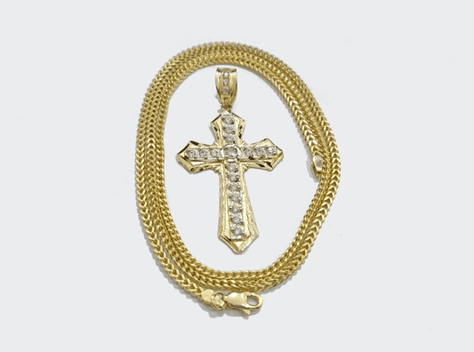 Real 10k Yellow Gold Franco Chain 2.5mm 18" inch Necklace Jesus Cross Charm 10kt - Reva Jeweler
