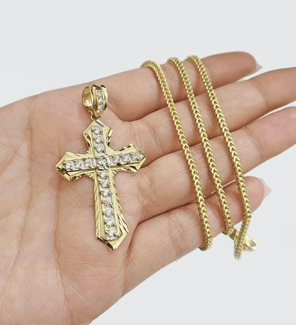 Real 10k Yellow Gold Franco Chain 2.5mm 18" inch Necklace Jesus Cross Charm 10kt - Reva Jeweler