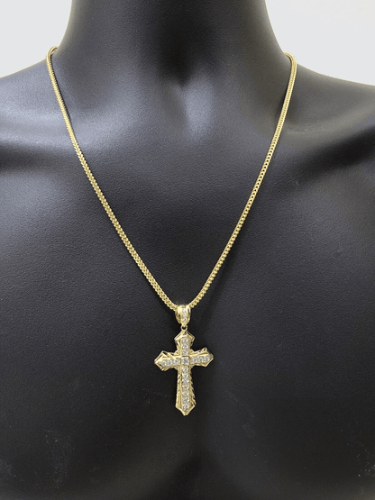 Real 10k Yellow Gold Franco Chain 2.5mm 20" inch Necklace Jesus Cross Charm 10kt - Reva Jeweler