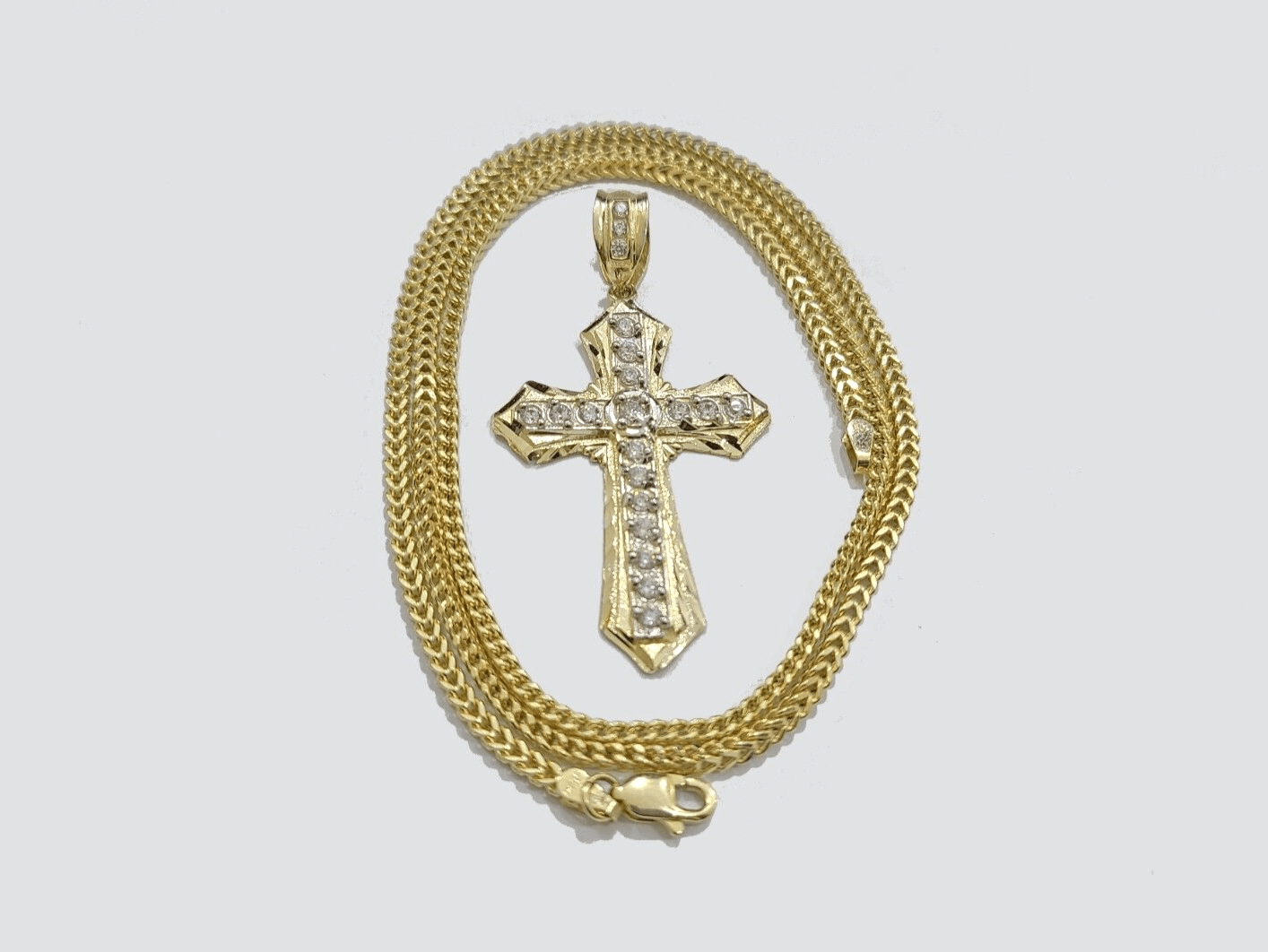Real 10k Yellow Gold Franco Chain 2.5mm 20" inch Necklace Jesus Cross Charm 10kt - Reva Jeweler
