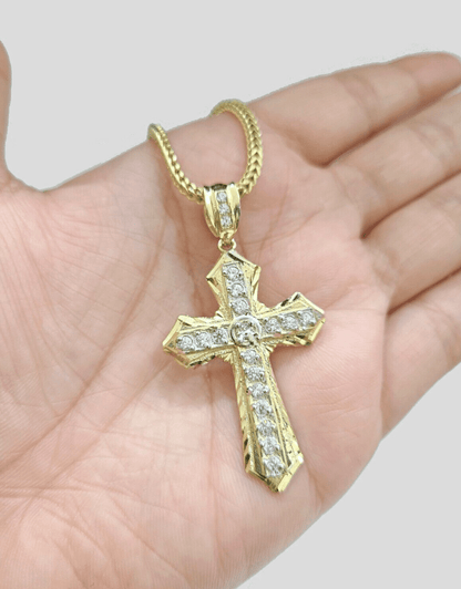 Real 10k Yellow Gold Franco Chain 2.5mm 20" inch Necklace Jesus Cross Charm 10kt - Reva Jeweler