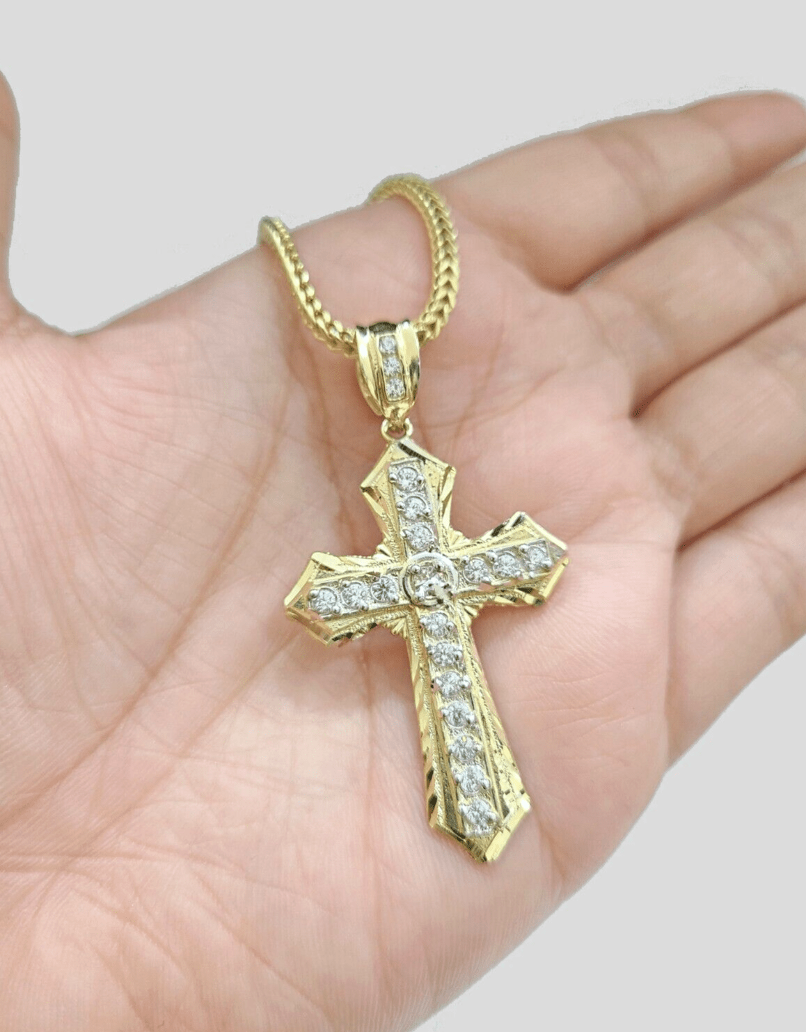 Real 10k Yellow Gold Franco Chain 2.5mm 22" inch Necklace Jesus Cross Charm 10kt - Reva Jeweler