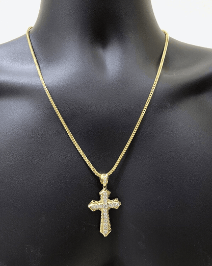 Real 10k Yellow Gold Franco Chain 2.5mm 24" inch Necklace Jesus Cross Charm 10kt - Reva Jeweler