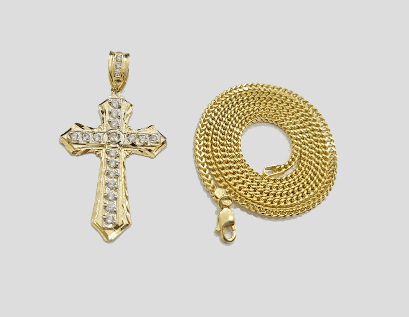 Real 10k Yellow Gold Franco Chain 2.5mm 28" inch Necklace Jesus Cross Charm 10kt - Reva Jeweler