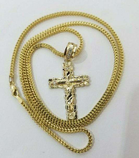 REAL 10k Yellow Gold Franco Chain & Cross Charm Pendant Set 16" - 26" 2mm Necklace - Reva Jeweler
