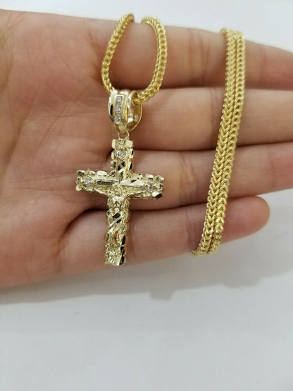 REAL 10k Yellow Gold Franco Chain & Cross Charm Pendant Set 16" - 26" 2mm Necklace - Reva Jeweler