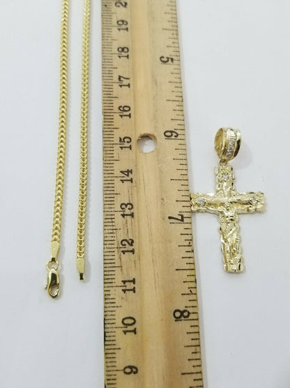 REAL 10k Yellow Gold Franco Chain & Cross Charm Pendant Set 16" - 26" 2mm Necklace - Reva Jeweler