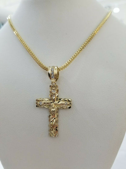 REAL 10k Yellow Gold Franco Chain & Cross Charm Pendant Set 16" - 26" 2mm Necklace - Reva Jeweler