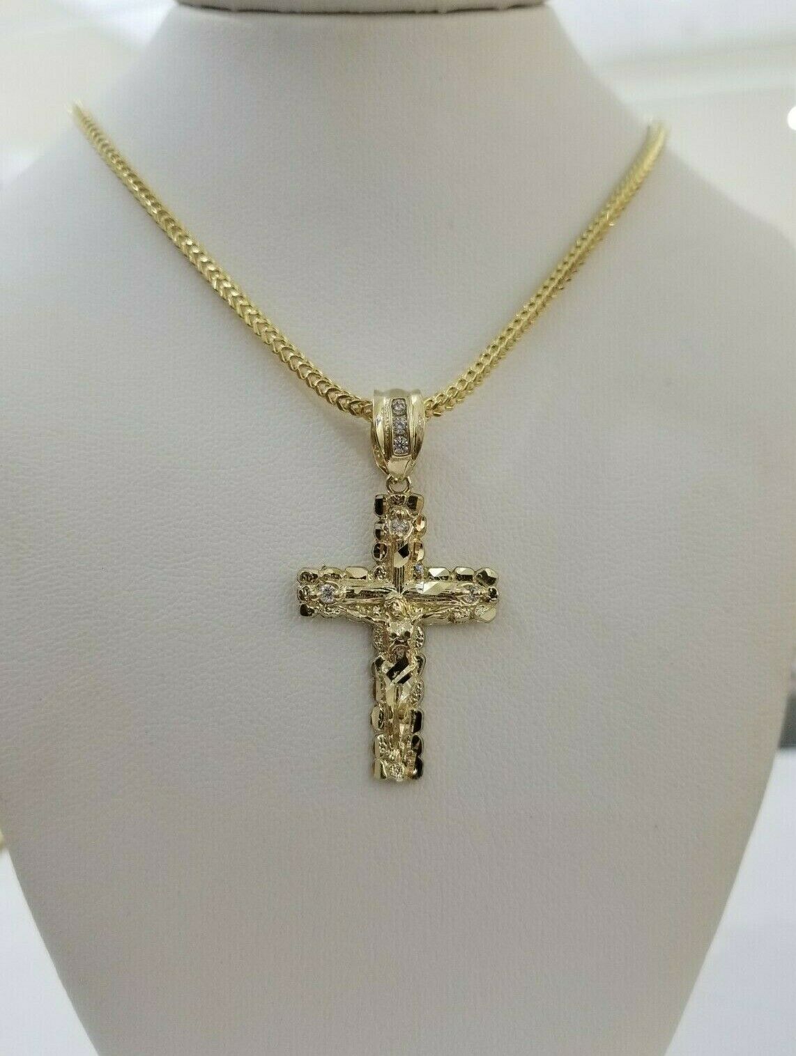 REAL 10k Yellow Gold Franco Chain & Cross Charm Pendant Set 16" - 26" 2mm Necklace - Reva Jeweler