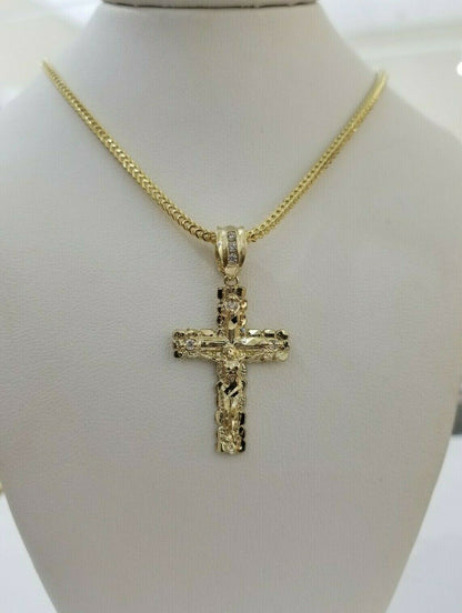 REAL 10k Yellow Gold Franco Chain & Cross Charm Pendant Set 16" - 26" 2mm Necklace - Reva Jeweler