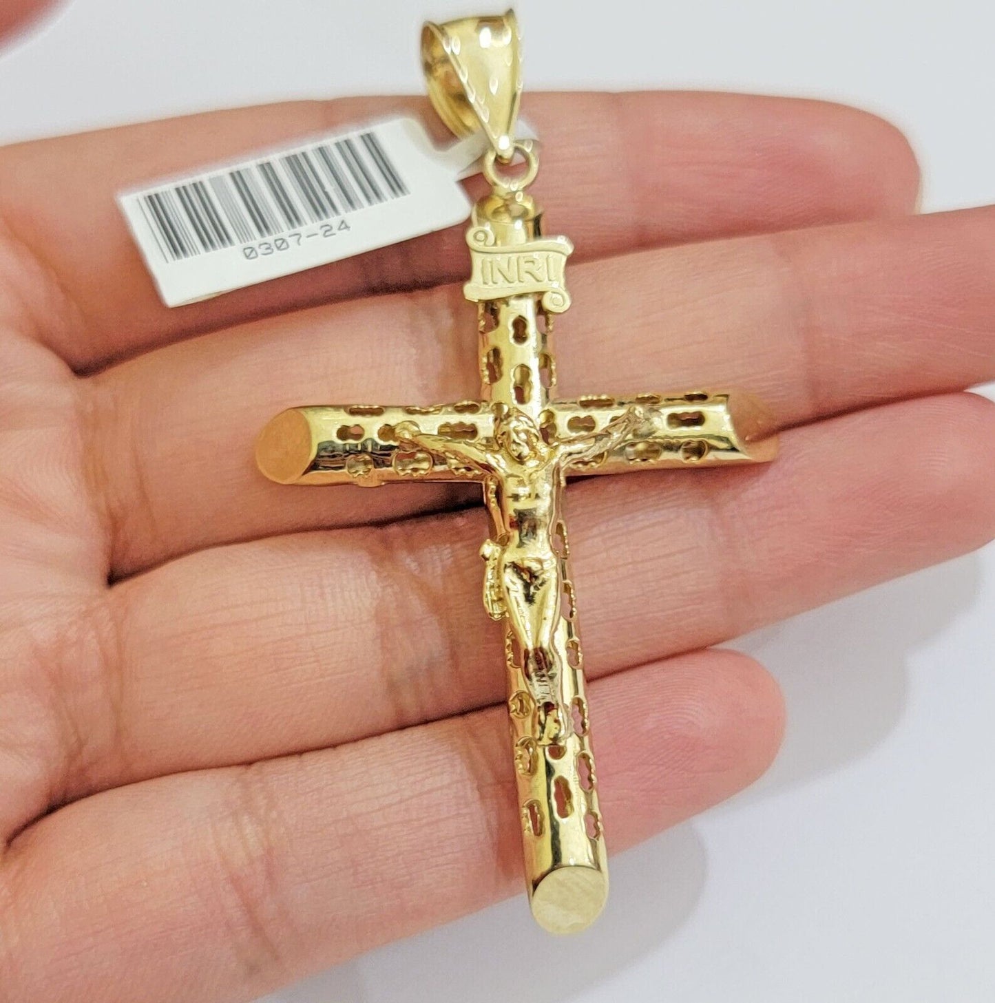 REAL 10k Yellow Gold Franco Necklace Cross Pendant Chain 24 Inch &Jesus Crucifix - Reva Jeweler