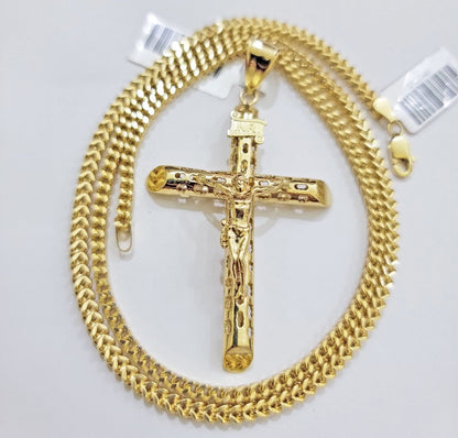 REAL 10k Yellow Gold Franco Necklace Cross Pendant Chain 24 Inch &Jesus Crucifix - Reva Jeweler