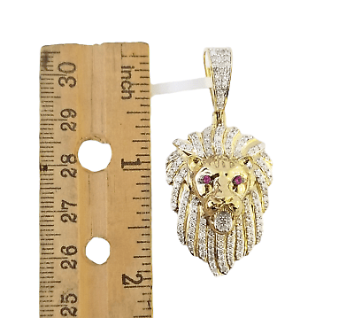 Real 10K Yellow Gold Genuine Diamond Lion Head Pendant Pink Eye Lion Charm - Reva Jeweler