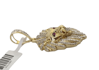 Real 10K Yellow Gold Genuine Diamond Lion Head Pendant Pink Eye Lion Charm - Reva Jeweler