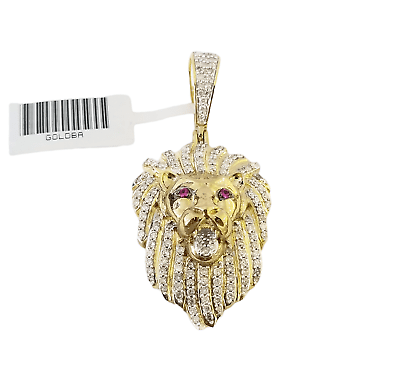 Real 10K Yellow Gold Genuine Diamond Lion Head Pendant Pink Eye Lion Charm - Reva Jeweler