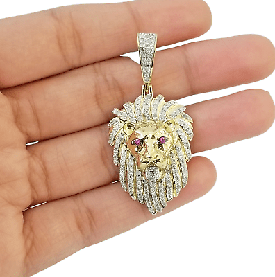Real 10K Yellow Gold Genuine Diamond Lion Head Pendant Pink Eye Lion Charm - Reva Jeweler