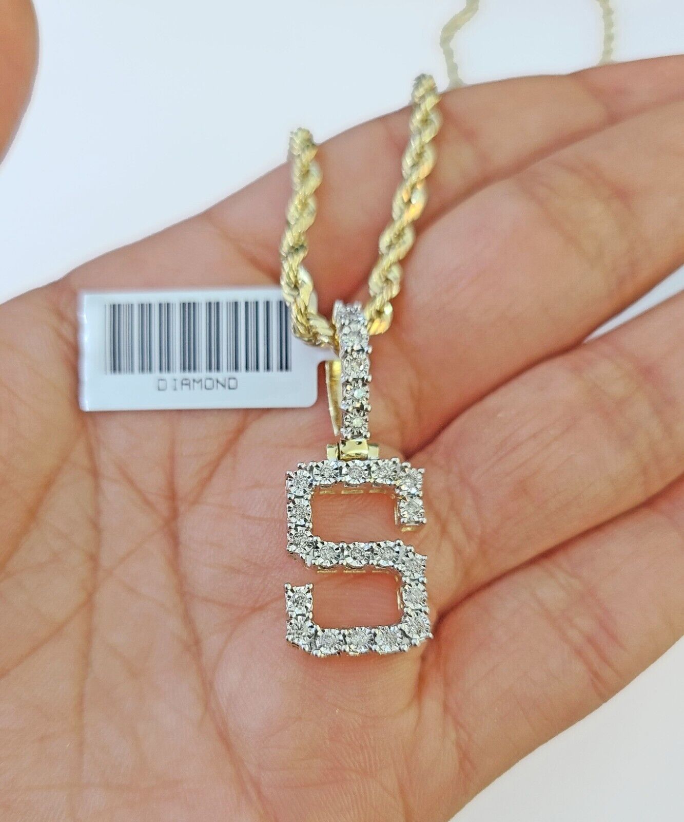 Real 10k Yellow Gold Genuine Diamond "S" Initial Pendent with 22 Inch Rope Chain - Reva Jeweler