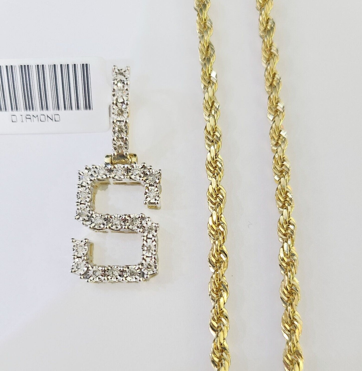 Real 10k Yellow Gold Genuine Diamond "S" Initial Pendent with 22 Inch Rope Chain - Reva Jeweler
