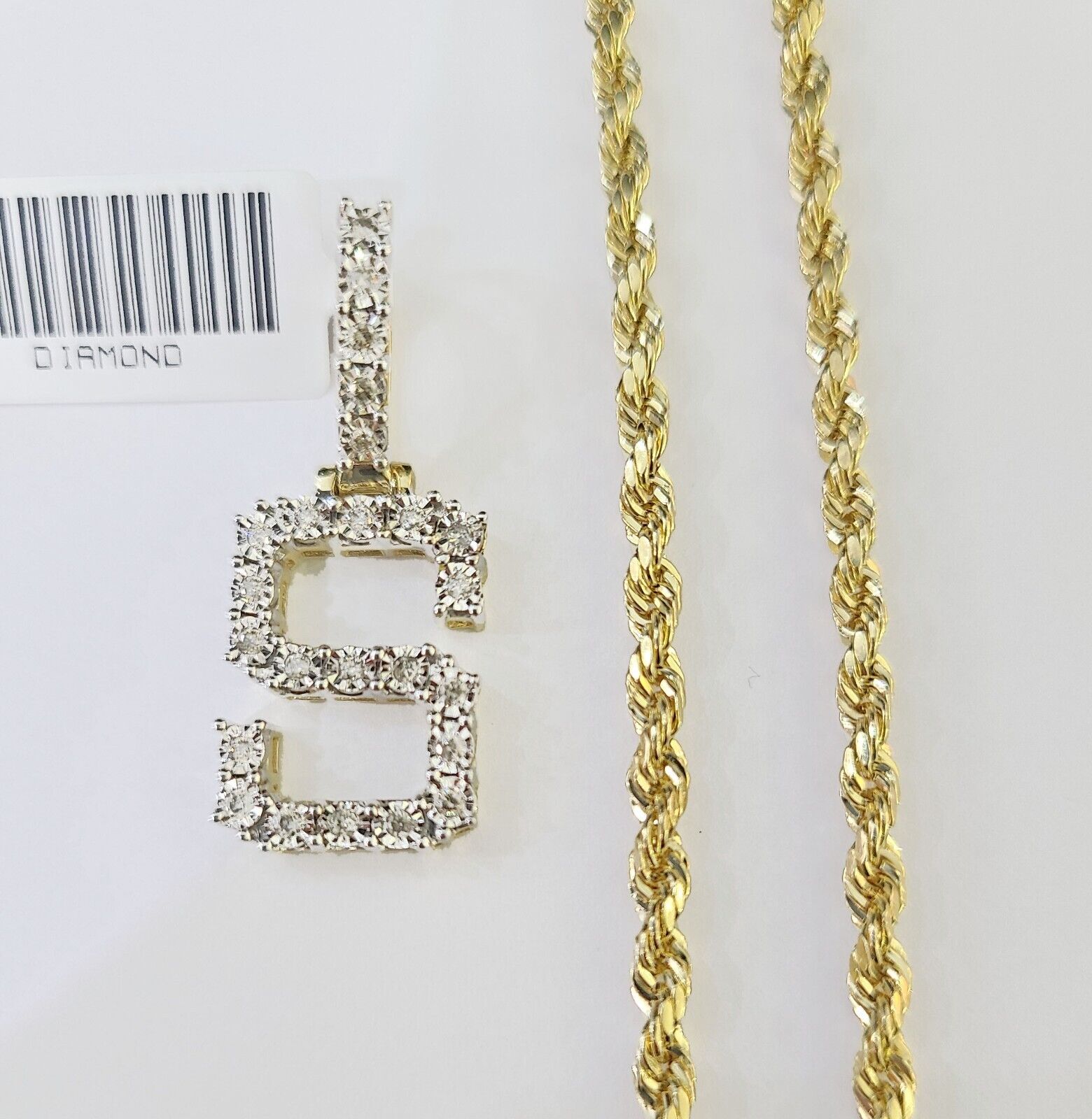 Real 10k Yellow Gold Genuine Diamond "S" Initial Pendent with 22 Inch Rope Chain - Reva Jeweler