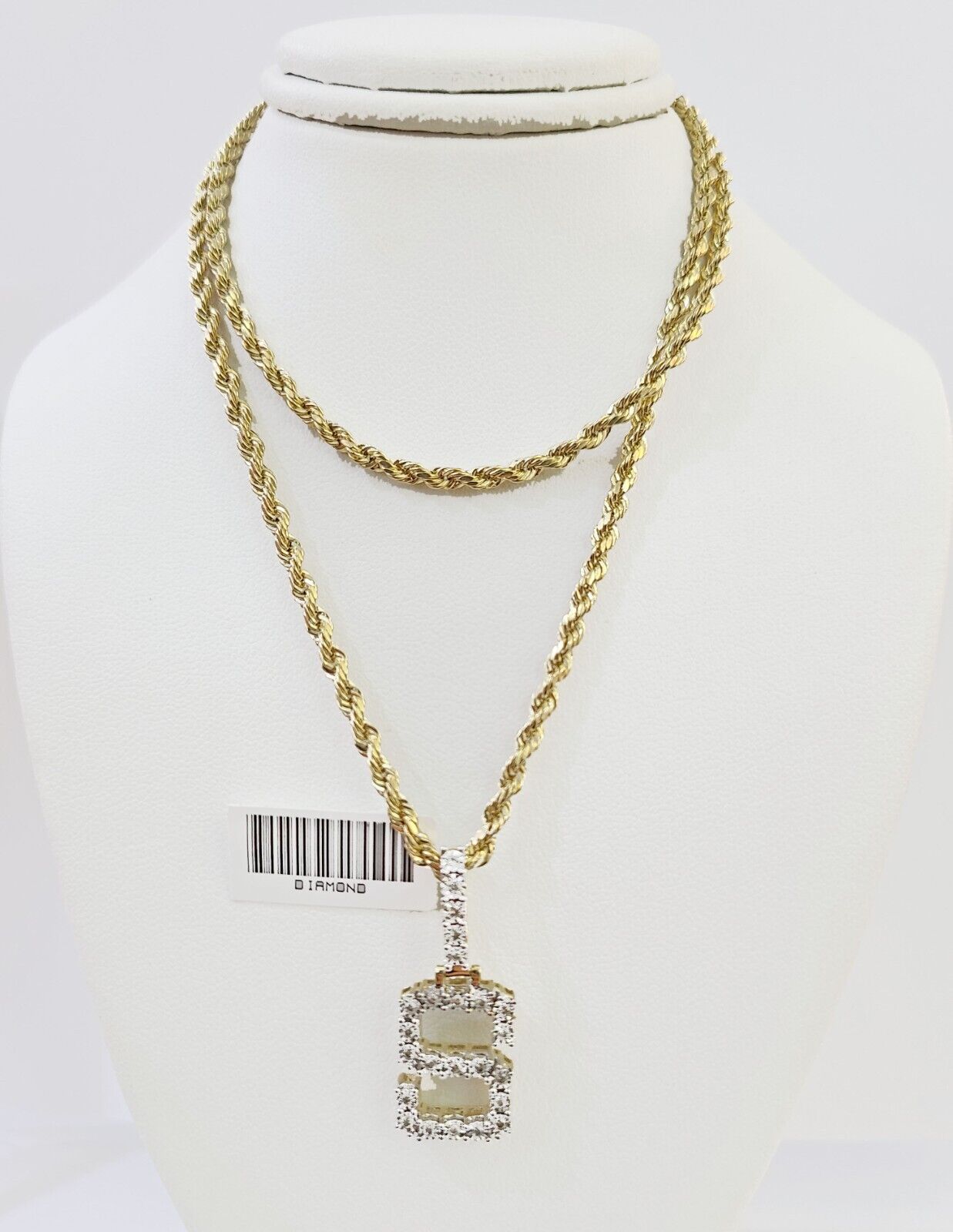 Real 10k Yellow Gold Genuine Diamond "S" Initial Pendent with 22 Inch Rope Chain - Reva Jeweler
