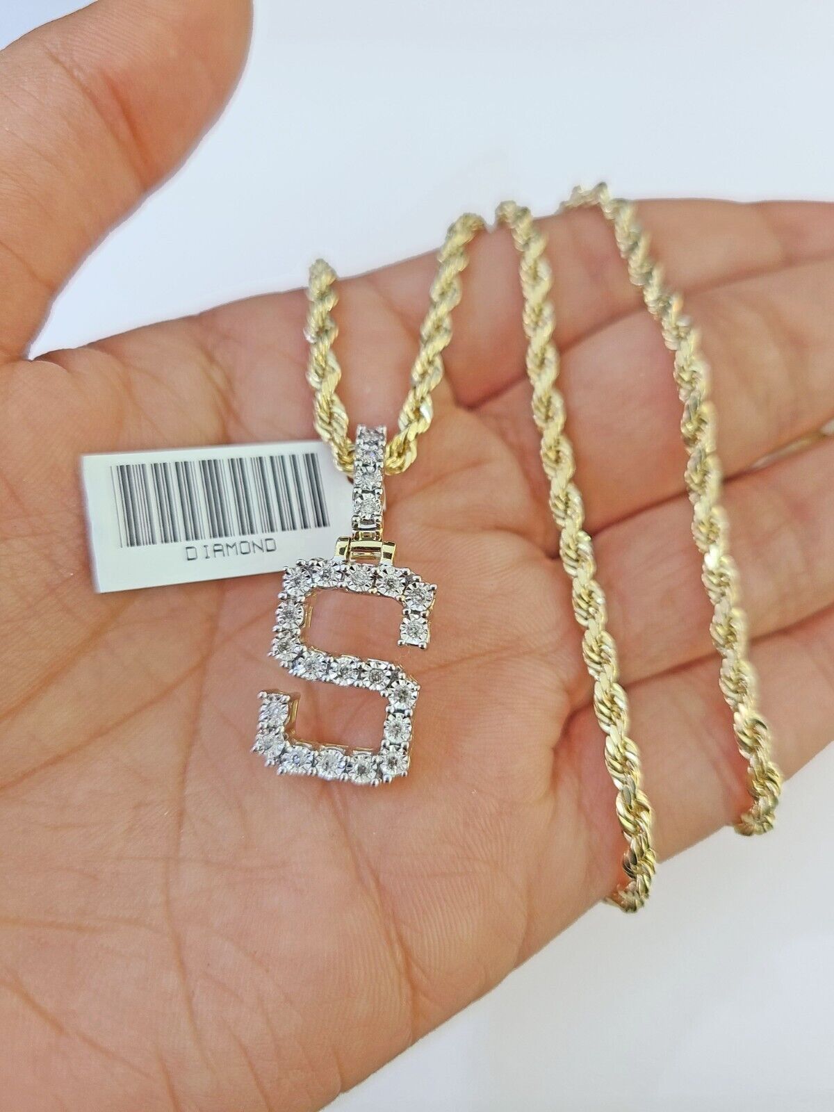 Real 10k Yellow Gold Genuine Diamond "S" Initial Pendent with 22 Inch Rope Chain - Reva Jeweler