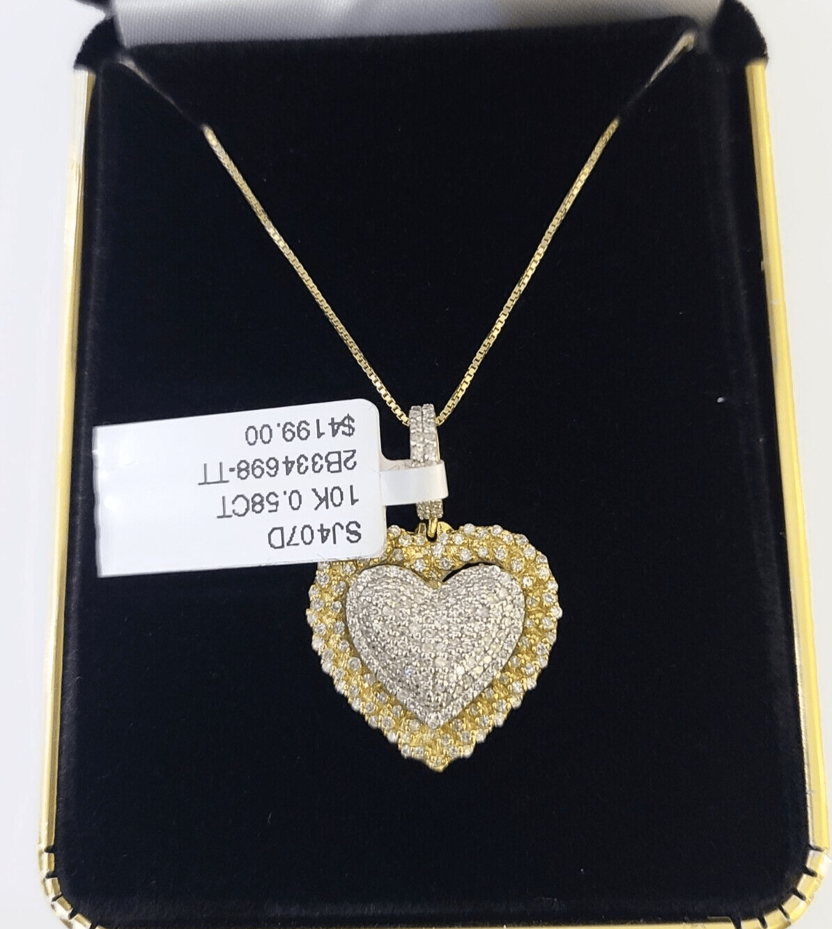 Real 10k Yellow Gold Heart Diamond Pendant Box Chain Necklace Set Women - Reva Jeweler