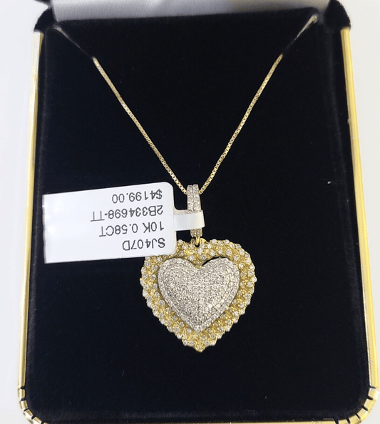 Real 10k Yellow Gold Heart Diamond Pendant Box Chain Necklace Set Women - Reva Jeweler