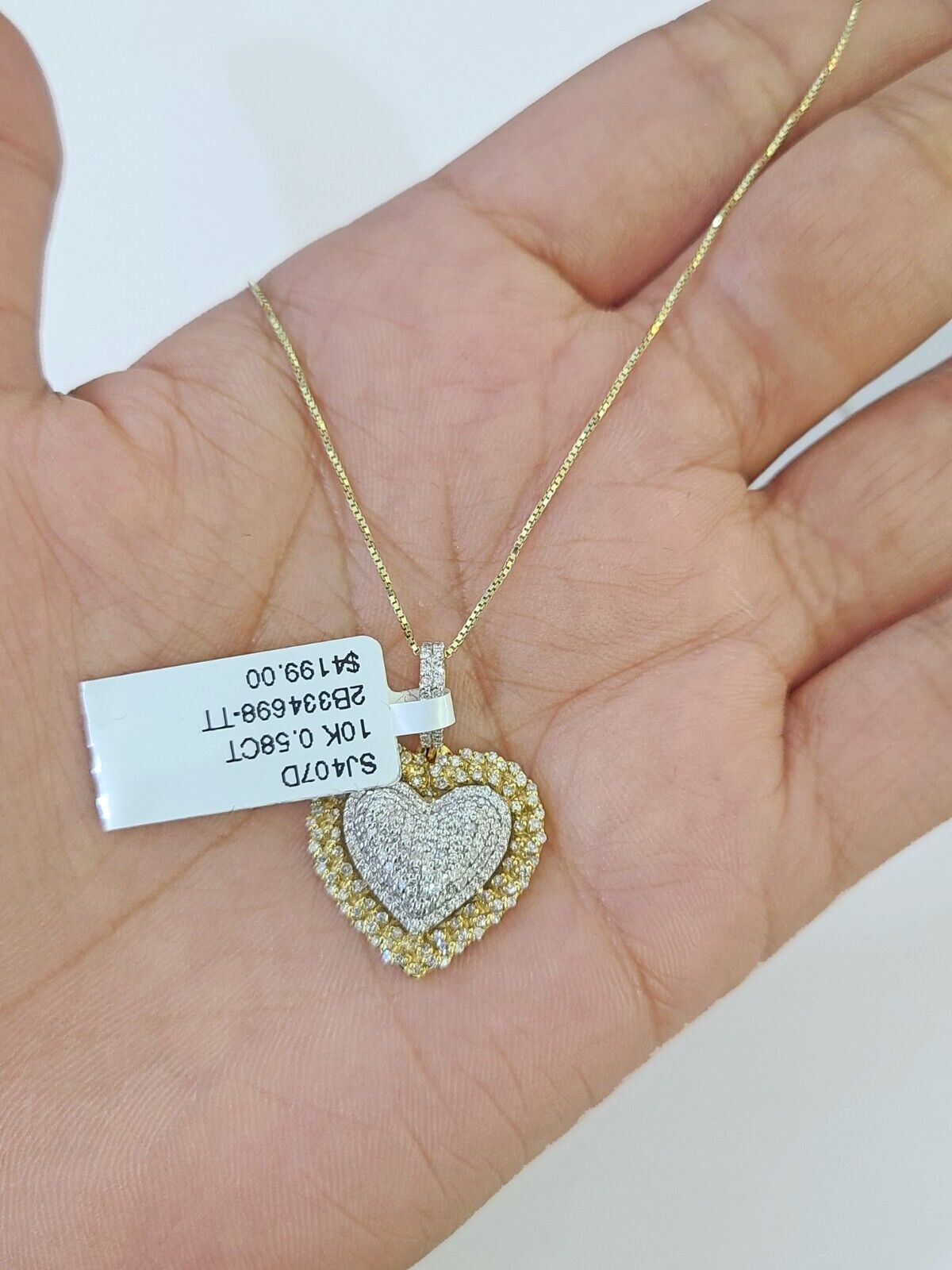 Real 10k Yellow Gold Heart Diamond Pendant Box Chain Necklace Set Women - Reva Jeweler