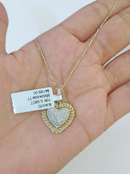 Real 10k Yellow Gold Heart Diamond Pendant Box Chain Necklace Set Women - Reva Jeweler