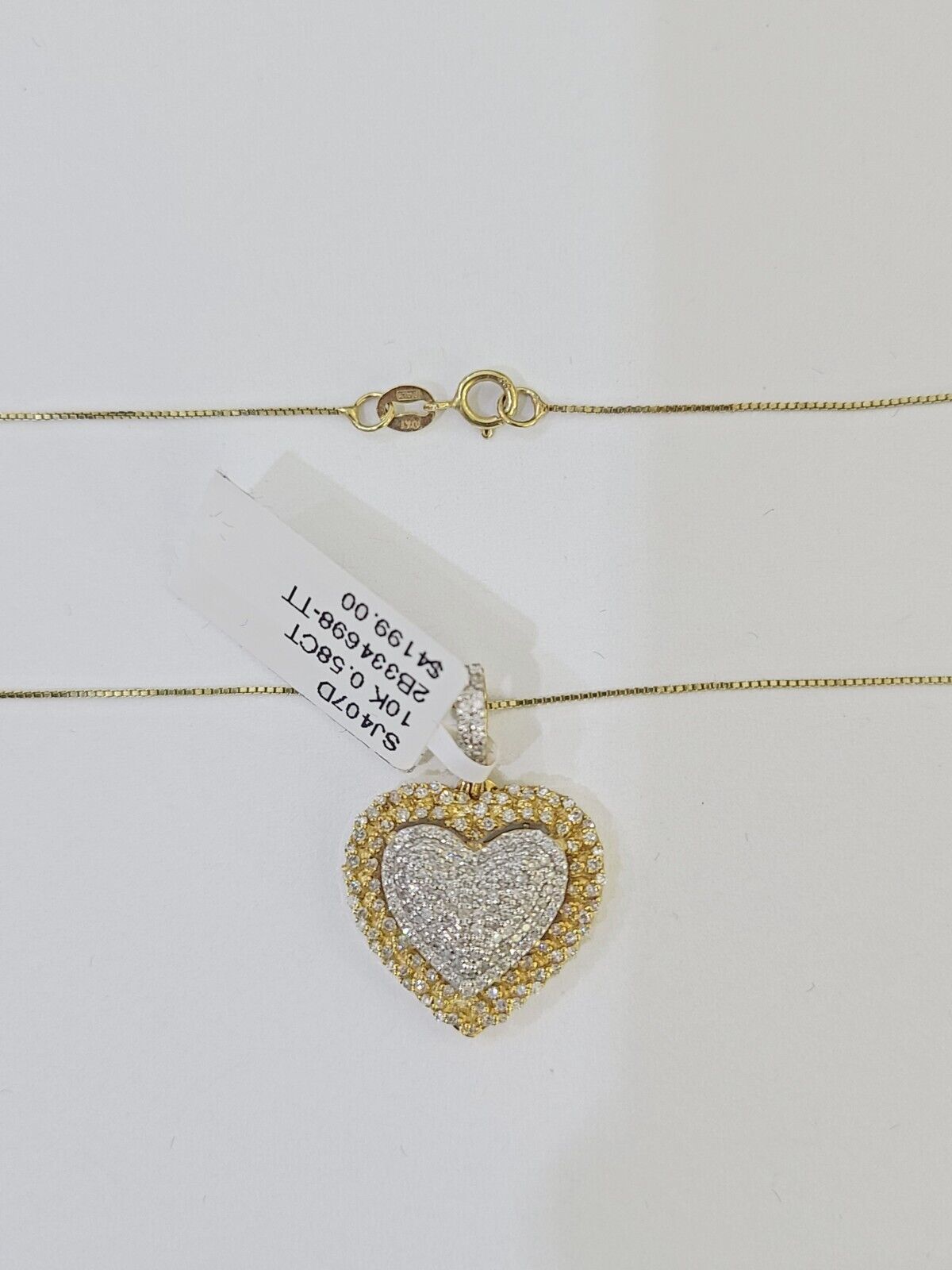 Real 10k Yellow Gold Heart Diamond Pendant Box Chain Necklace Set Women - Reva Jeweler
