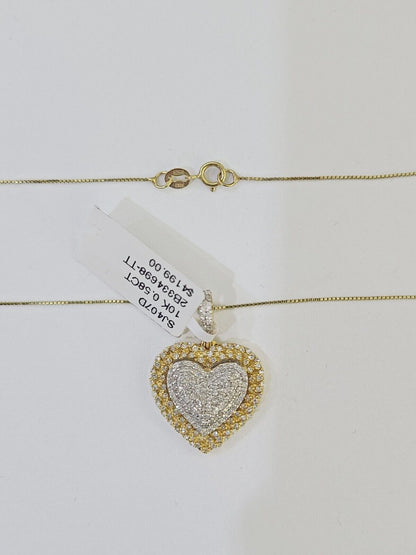 Real 10k Yellow Gold Heart Diamond Pendant Box Chain Necklace Set Women - Reva Jeweler