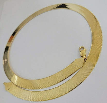 Real 10k Yellow Gold Herring Bone Chain Necklace 12mm 18 Inch Lobster lock 10kt - Reva Jeweler