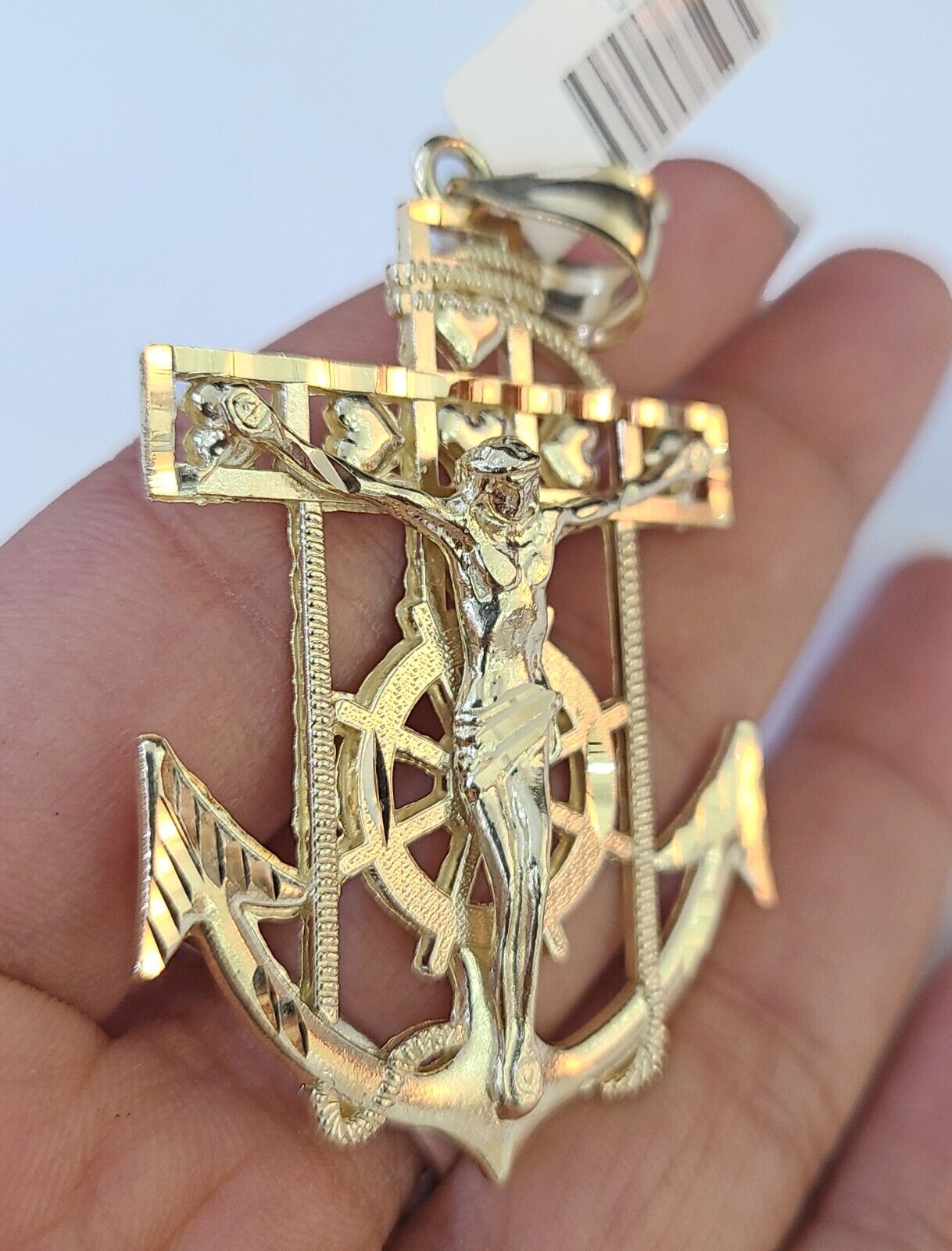 Real 10k Yellow Gold Jesus Anchor Pendant 2.5 inches Charm - Reva Jeweler