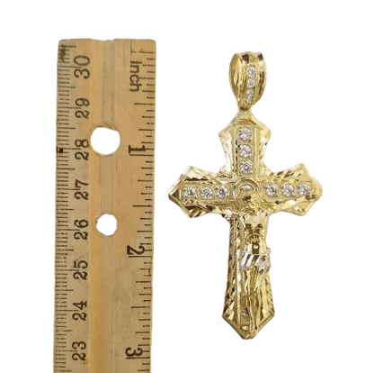 Real 10k Yellow Gold Jesus Cross Charm Men's pendant 3.75" With cubic Zirconia - Reva Jeweler
