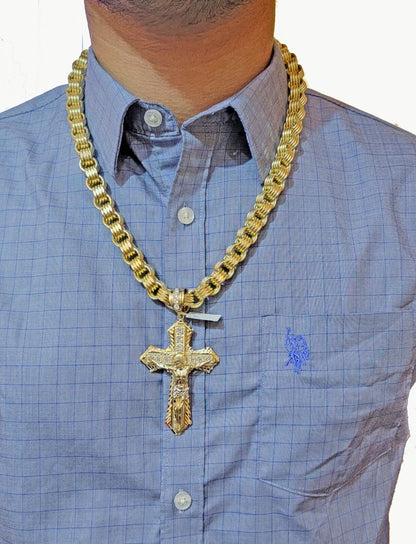 Real 10k Yellow Gold Jesus Cross Charm Men's pendant 3.75" With cubic Zirconia - Reva Jeweler