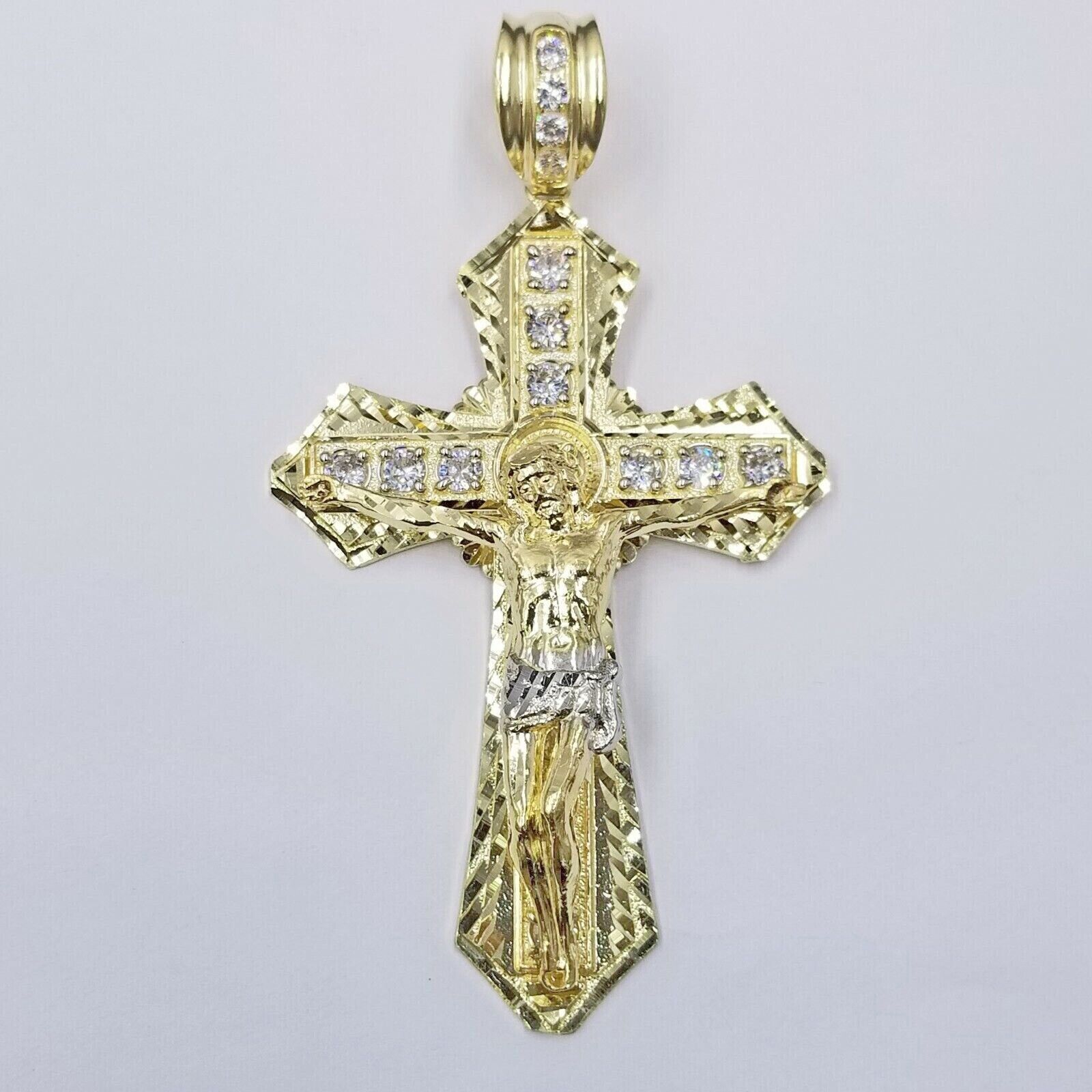 Real 10k Yellow Gold Jesus Cross Charm Men's pendant 3.75" With cubic Zirconia - Reva Jeweler