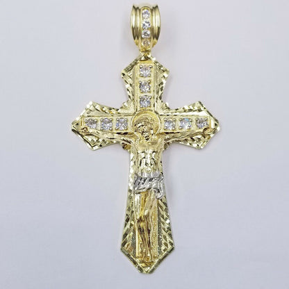 Real 10k Yellow Gold Jesus Cross Charm Men's pendant 3.75" With cubic Zirconia - Reva Jeweler