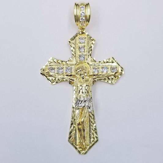 Real 10k Yellow Gold Jesus Cross Charm Men's pendant 3.75" With cubic Zirconia - Reva Jeweler