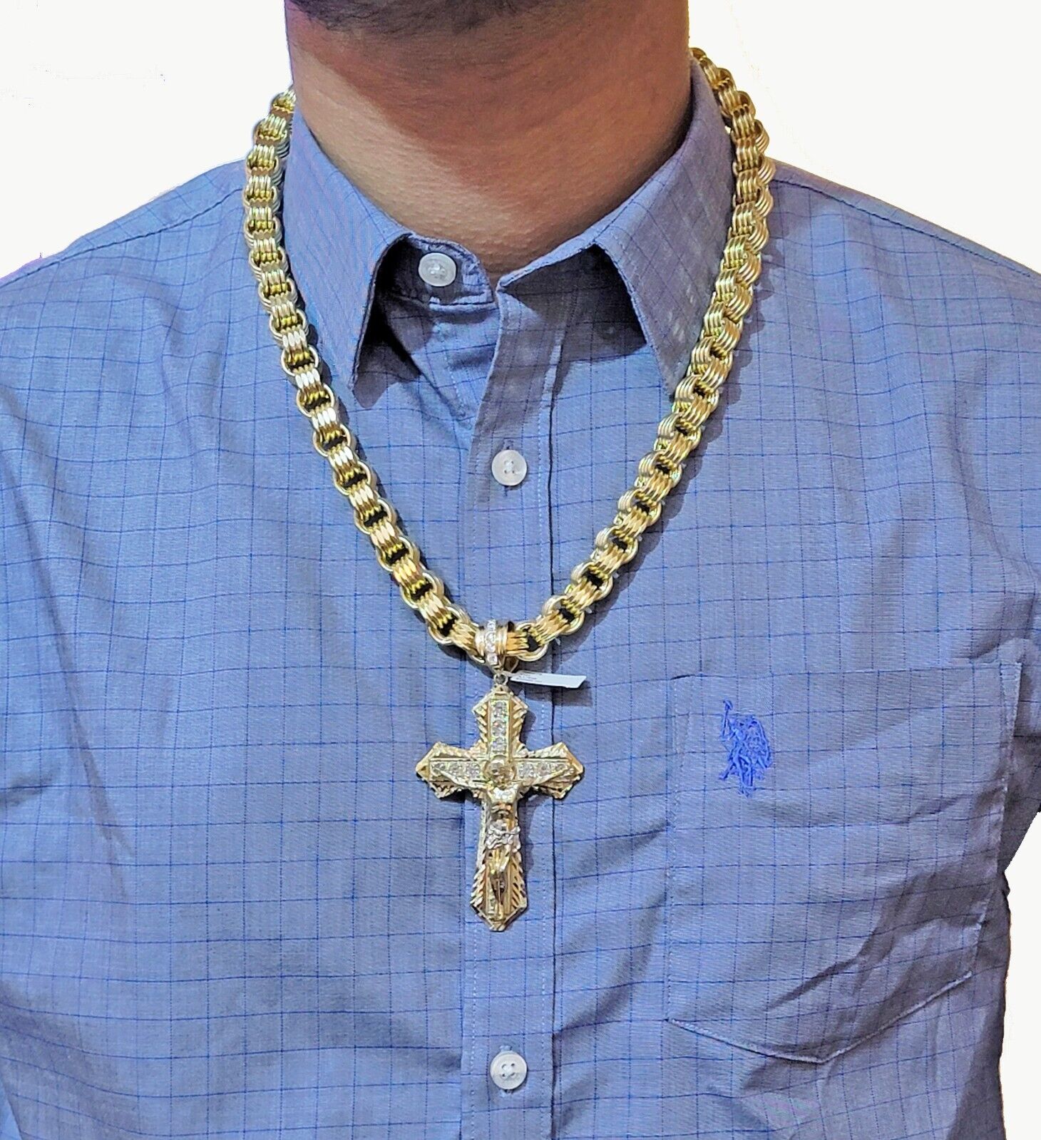 Real 10k Yellow Gold Jesus Cross Charm Men's pendant 3.75" With cubic Zirconia - Reva Jeweler