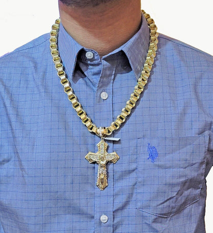 Real 10k Yellow Gold Jesus Cross Charm Men's pendant 3.75" With cubic Zirconia - Reva Jeweler