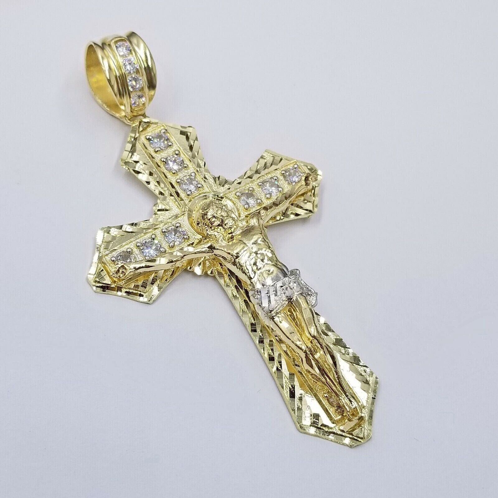 Real 10k Yellow Gold Jesus Cross Charm Men's pendant 3.75" With cubic Zirconia - Reva Jeweler