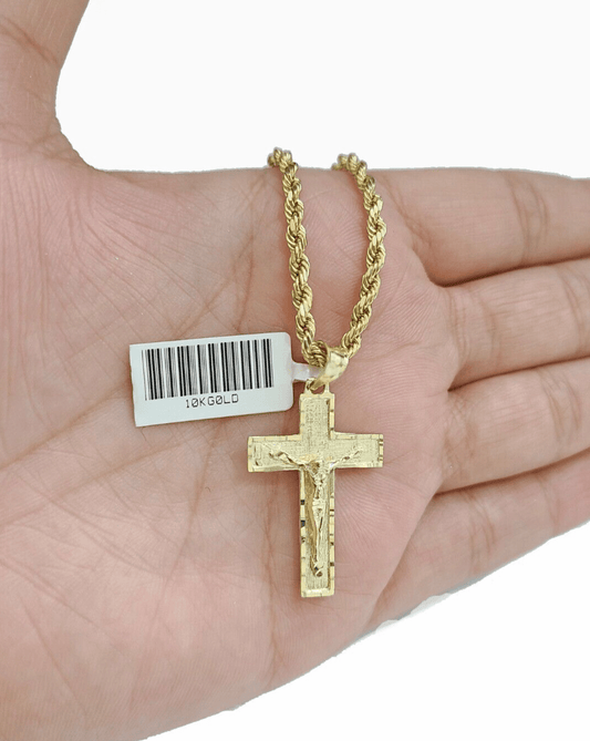 Real 10k Yellow Gold Jesus Cross Charm Rope Chain Necklace 3mm 18'' Pendant 10kt - GoldenlinQ