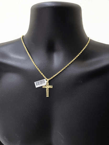 Real 10k Yellow Gold Jesus Cross Charm Rope Chain Necklace 3mm 20'' Pendant 10kt - GoldenlinQ