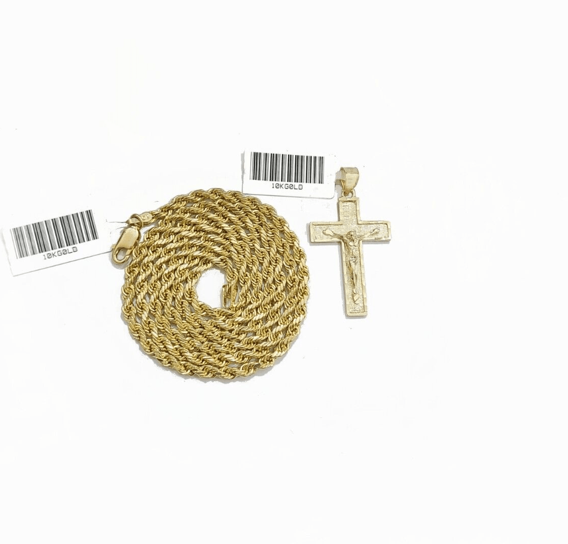 Real 10k Yellow Gold Jesus Cross Charm Rope Chain Necklace 3mm 22'' Pendant 10kt - Reva Jeweler