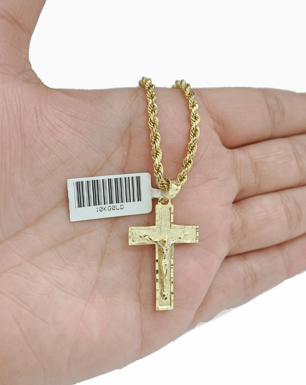 Real 10k Yellow Gold Jesus Cross Charm Rope Chain Necklace 3mm 22'' Pendant 10kt - Reva Jeweler