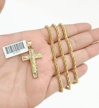 Real 10k Yellow Gold Jesus Cross Charm Rope Chain Necklace 3mm 22'' Pendant 10kt - Reva Jeweler