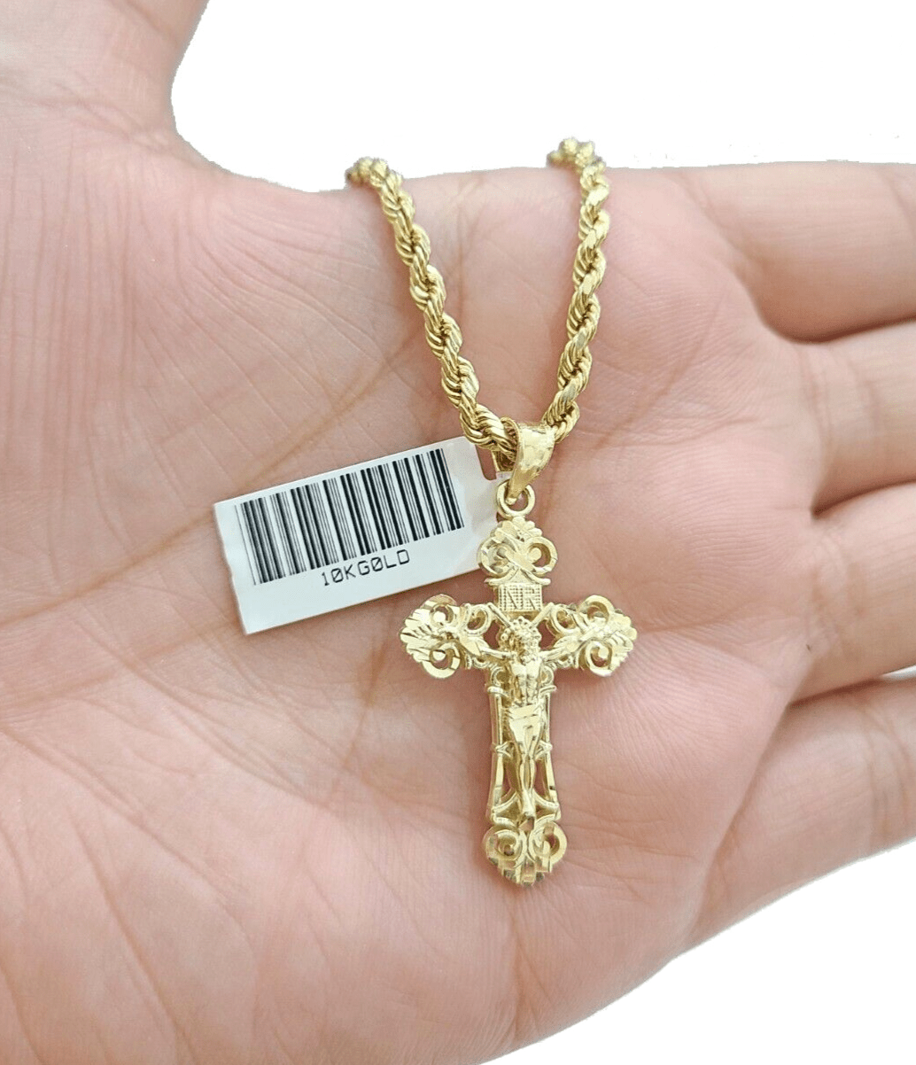Real 10k Yellow Gold Jesus Cross Charm Rope Chain Necklace 3mm 24'' Pendant 10kt - GoldenlinQ