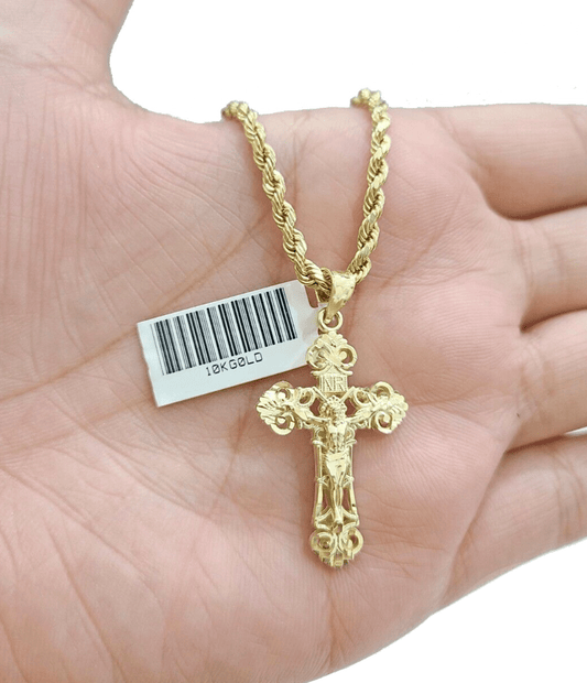 Real 10k Yellow Gold Jesus Cross Charm Rope Chain Necklace 3mm 24'' Pendant 10kt - GoldenlinQ
