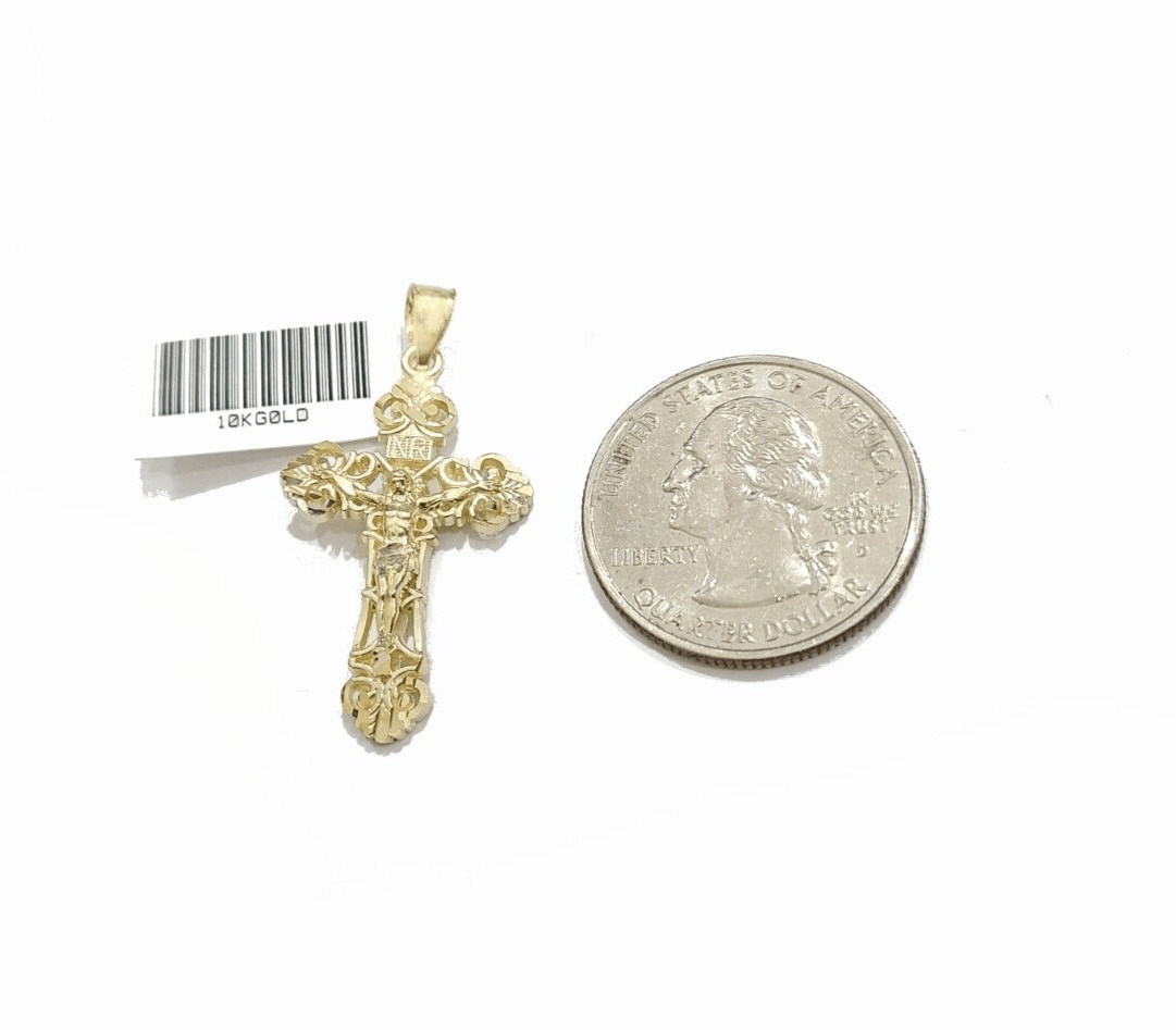 Real 10k Yellow Gold Jesus Cross Charm Rope Chain Necklace 3mm 26'' Pendant 10kt - GoldenlinQ